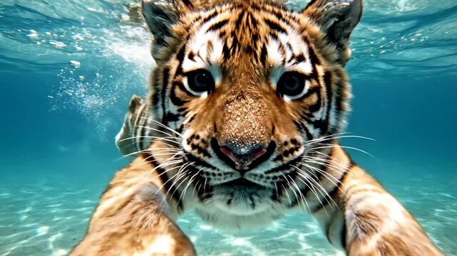 Tiger cub swimming underwater in clear blue ocean water with front paws reaching toward the camera, showing orange stripes, white whiskers, and sandy bottom with bubbles.