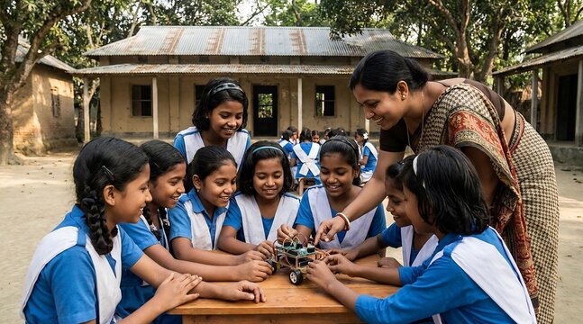 Group of school children with teacher in rural village classroom