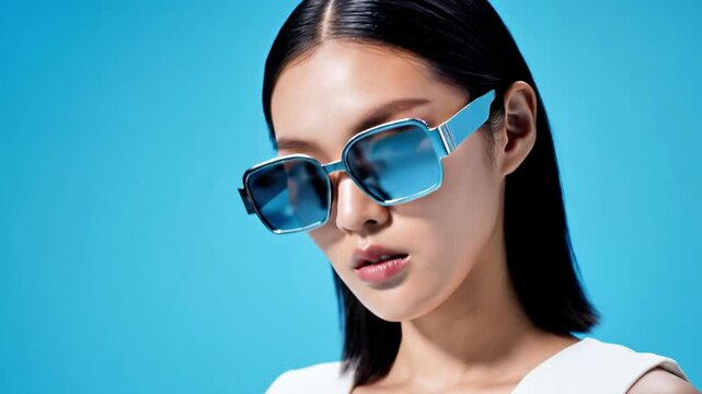 A woman with sleek black hair and blue mirrored sunglasses gazes downward against a gradient blue background