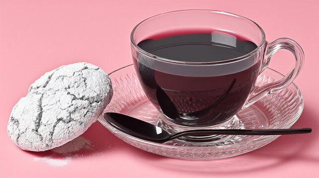 Glass of dark red juice or tea with a cookie and spoon on a pink background, food and drin