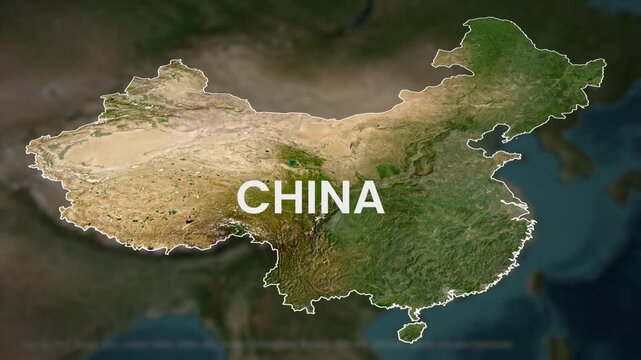 China map zoom, country border animation, satellite terrain background, focused highlight effect, Asian country outline, blurred surroundings view, infographic cartography motion