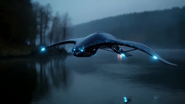 Futuristic drone gliding over serene lake at dusk