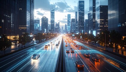 Obraz premium Futuristic Cityscape with Autonomous Vehicles and Advanced Technology.