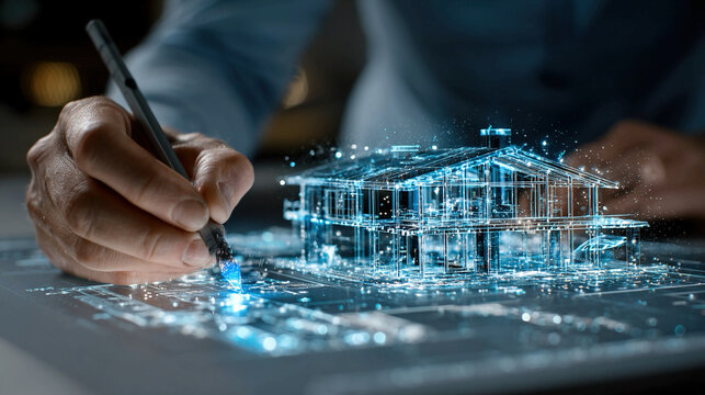 Architect Designing Futuristic Real Estate with Smart Home Technology on Detailed Blueprint Showcasing Planning IoT Integration Connected Living and Innovative Residential Solutions