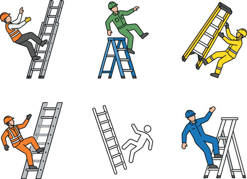 Set of flat vector illustrations depicting construction workers falling from ladders, highlighting workplace safety and occupational accident hazards.