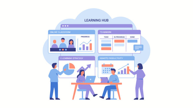 Cloud based learning hub with people collaborating and analyzing data.