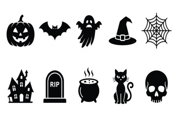 Obraz premium halloween icons set with pumpkin bat ghost witch cauldron cat and haunted house flat design vector illustration