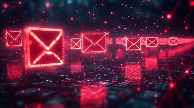 Abstract digital communication concept with illuminated envelopes