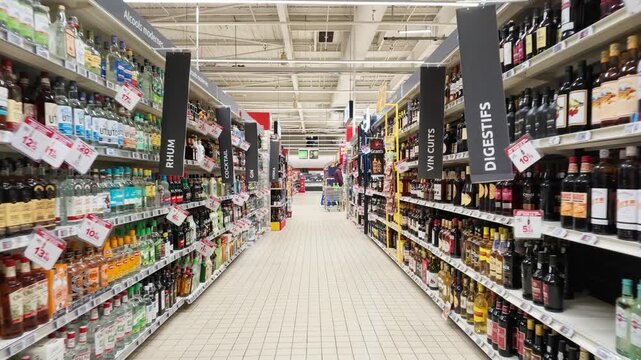 Supermarket Liquor Aisle with Rows of Wine and Spirits Bottles