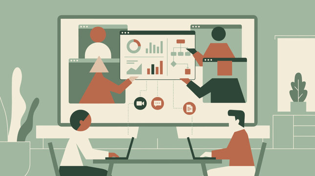 Virtual Meeting Video Conference with Data Charts &ndash; Remote Work Team Collaboration Flat Illustration
