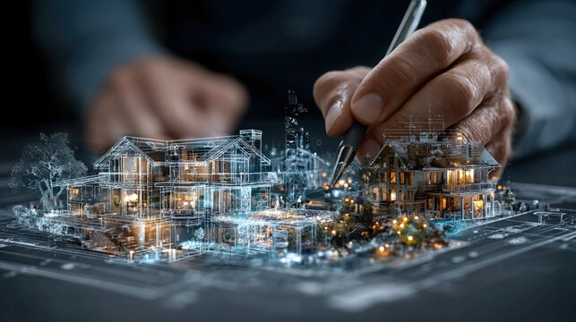 Architect Designing Futuristic Real Estate with Smart Home Technology on Detailed Blueprint Showcasing Planning IoT Integration Connected Living and Innovative Residential Solutions