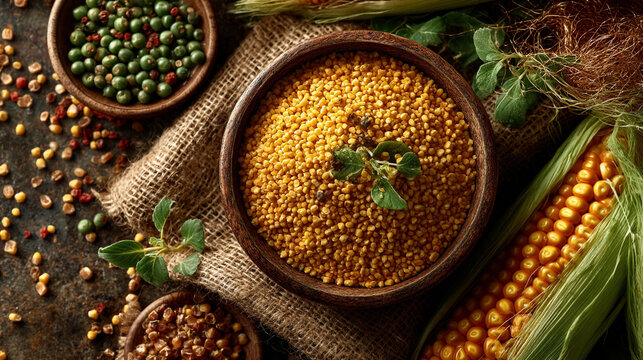 Overhead view of corn kernels corn on the cob green peas staple food raw material