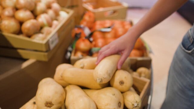 Customer Selecting Organic Butternut Squash in a Grocery Store Supermarket