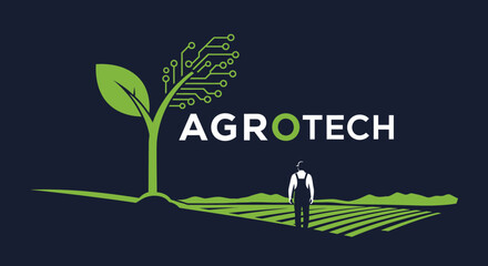Agrotech logo design with digital plant circuit board and farmer. © Siti Yaeni