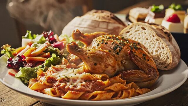 Sumptuous Thanksgiving Feast Displaying Roasted Chicken, Pasta, Fresh Salads, Artisan Bread, and Decadent Desserts