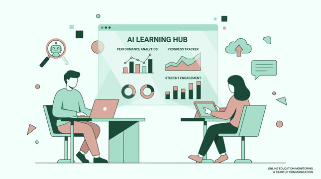 Flat Design Illustration of Two Professionals Using AI Learning Hub Platform for Data Analysis and Training