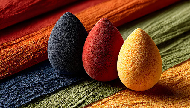 Three different-colored makeup sponges on a rainbow background, flat-lay photography, high resolution. generated ai