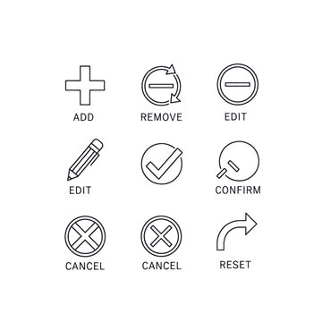 Set of nine simple line icons representing common actions like add, remove, edit, confirm, and cancel.