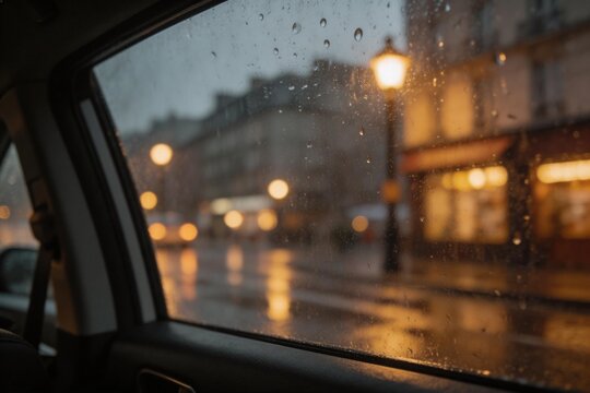 Rainy city street view from car window