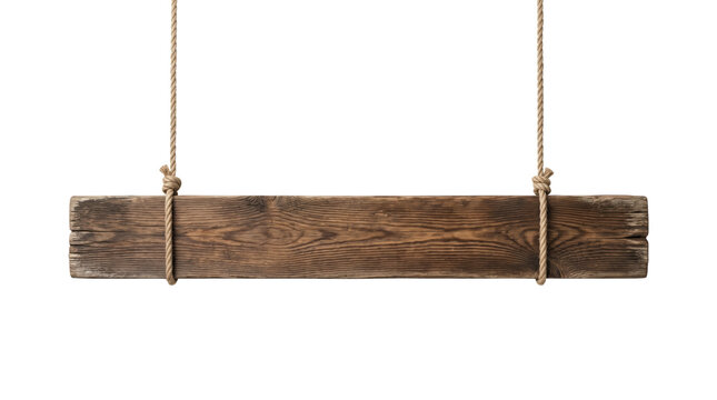Long hanging rustic wooden sign board with ropes