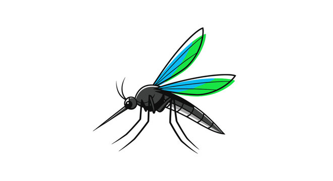 Illustration of a mosquito with green and blue wings, a common insect that bites people and spreads diseases
