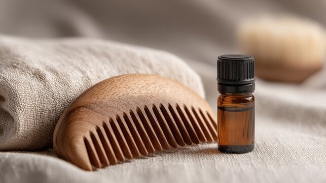 Natural Wooden Comb and Essential Oil Bottle on Linen Fabric Surface