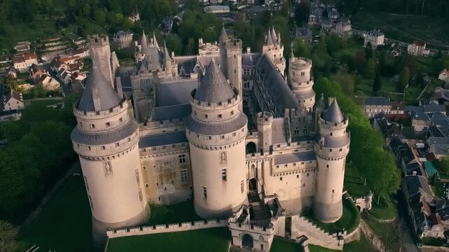 Majestic medieval castle aerial view with surrounding village and lush green forest