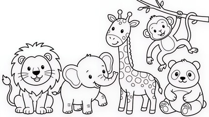 Obraz premium A delightful cartoon coloring page featuring a collection of friendly jungle animals including a lion elephant giraffe monkey and panda all in a simple outline style perfect for childrens activities