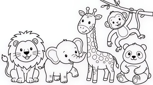 A delightful cartoon coloring page featuring a collection of friendly jungle animals including a lion elephant giraffe monkey and panda all in a simple outline style perfect for childrens activities