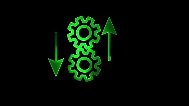 Green gears with arrows indicating process optimization and improvement on black background for business and technology concepts.