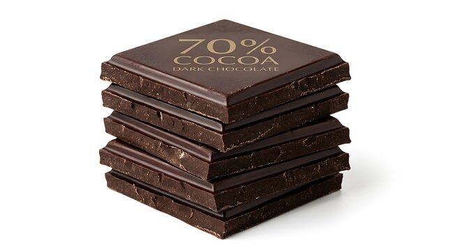 Deliciously rich dark chocolate squares, stacked and featuring 70% cocoa content, ideal for gourmet treats