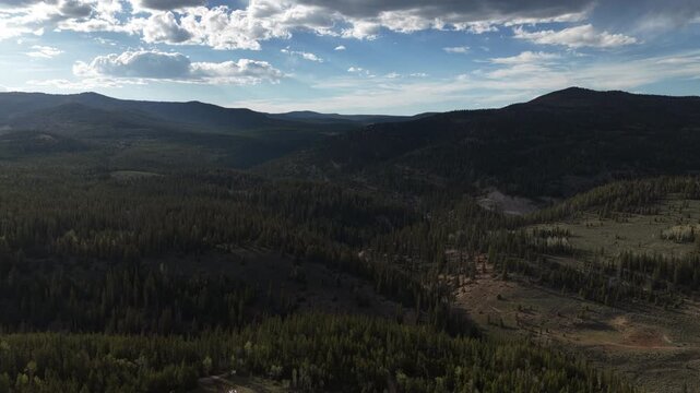 High aerial above Ashley National Forest in Utah Uinta Mountains in spring