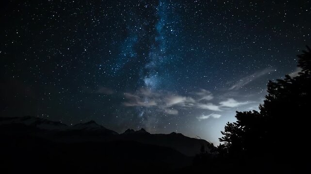 Majestic starry night sky over silhouetted mountains and pine trees