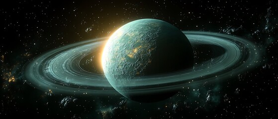 Fototapeta premium Cosmic celestial body with rings in dark space conceptual illustration