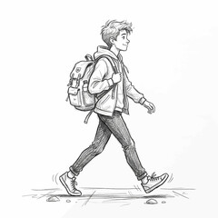 Obraz premium Young boy with backpack walking outdoors, sketch style