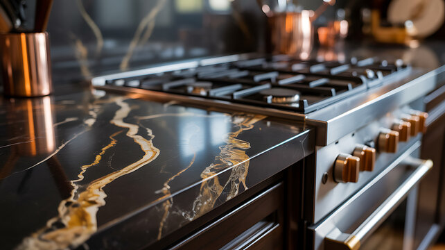 Modern kitchen marble countertop with golden streaks near luxury gas stove range appliances in dark room setting.