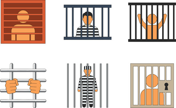 Set of flat vector illustrations featuring prisoners and inmates behind bars representing jail, incarceration, crime, and justice concepts.