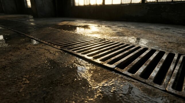 Detailed close-up of a wet metal drain grate embedded in a textured concrete floor reflecting ambient light