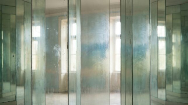 Infinite mirrored corridor with subtle imperfections and ethereal light reflections