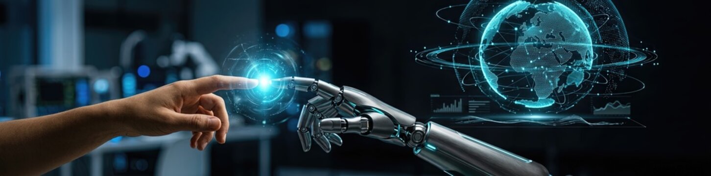 Innovative interaction between human hand and robotic arm technology lab digital art futuristic environment close-up view human-robot collaboration concept