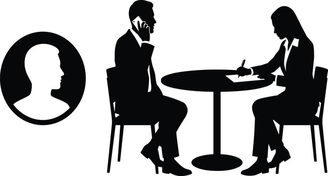 Silhouette of Business Professional Talking on Phone and Colleague Writing at Table with Profile Avatar Icon Representing Corporate Communication and Recruitment