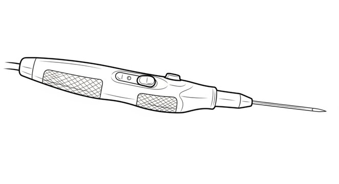 A detailed illustration of a sleek electronic device with a long thin probe.