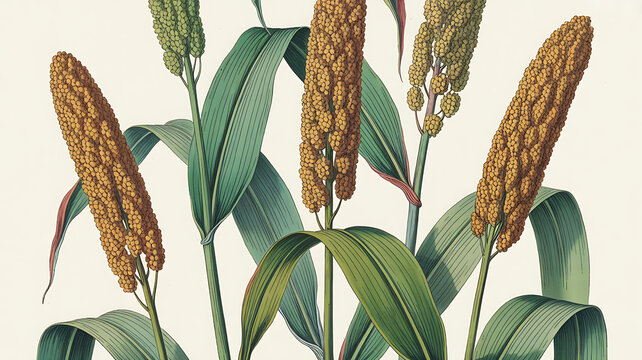 Botanical illustration of mature sorghum plants with grain heads and green leaves on vintage paper background for farming.