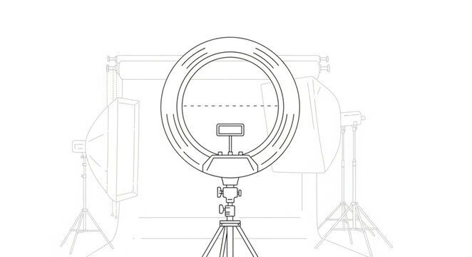 An illustration of a softbox light on a tripod stands in a studio.