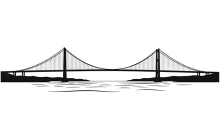 Suspension Bridge Silhouette Over Water, Architectural Landmark, Vector Art © Yunan