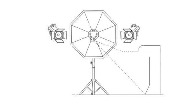 A large octagonal reflector on a tripod stands next to two smaller lights on stands in an indoor setting.