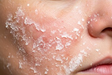 Fototapeta premium Close-up of a person's face showing extensive skin peeling and flaking on the cheek, with visible redness and dryness.