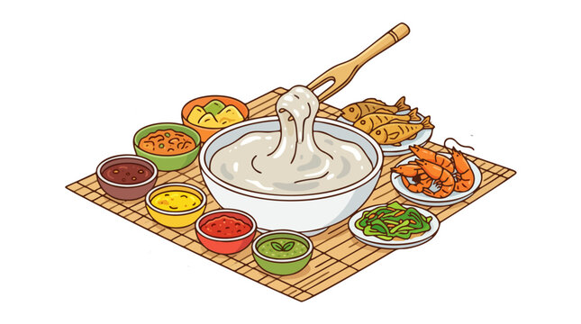 traditional brunei ambuyat sago starch with bamboo chandas and dipping sauce vector