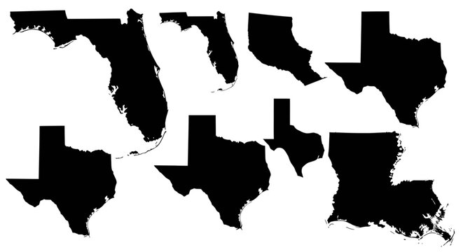 Texas, Florida, Louisiana State Outline Silhouettes Collection