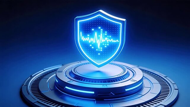 Blue glowing shield on circular platform